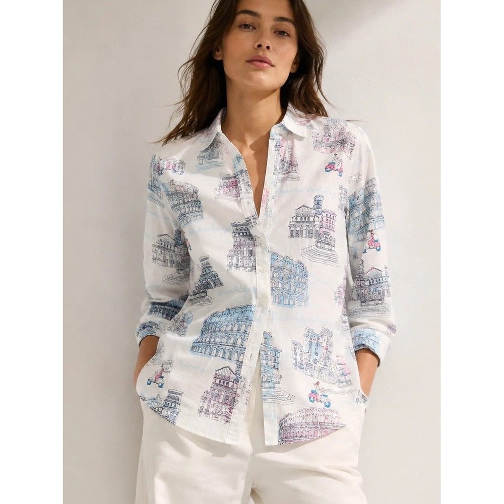 Talbots Rome Print Shirt Petite Small White Cotton Roman Holiday lightweight PS